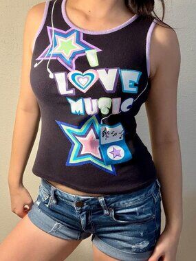 Basic Editions "I Love Music" Graphic Tank Top with Stars and iPod Design